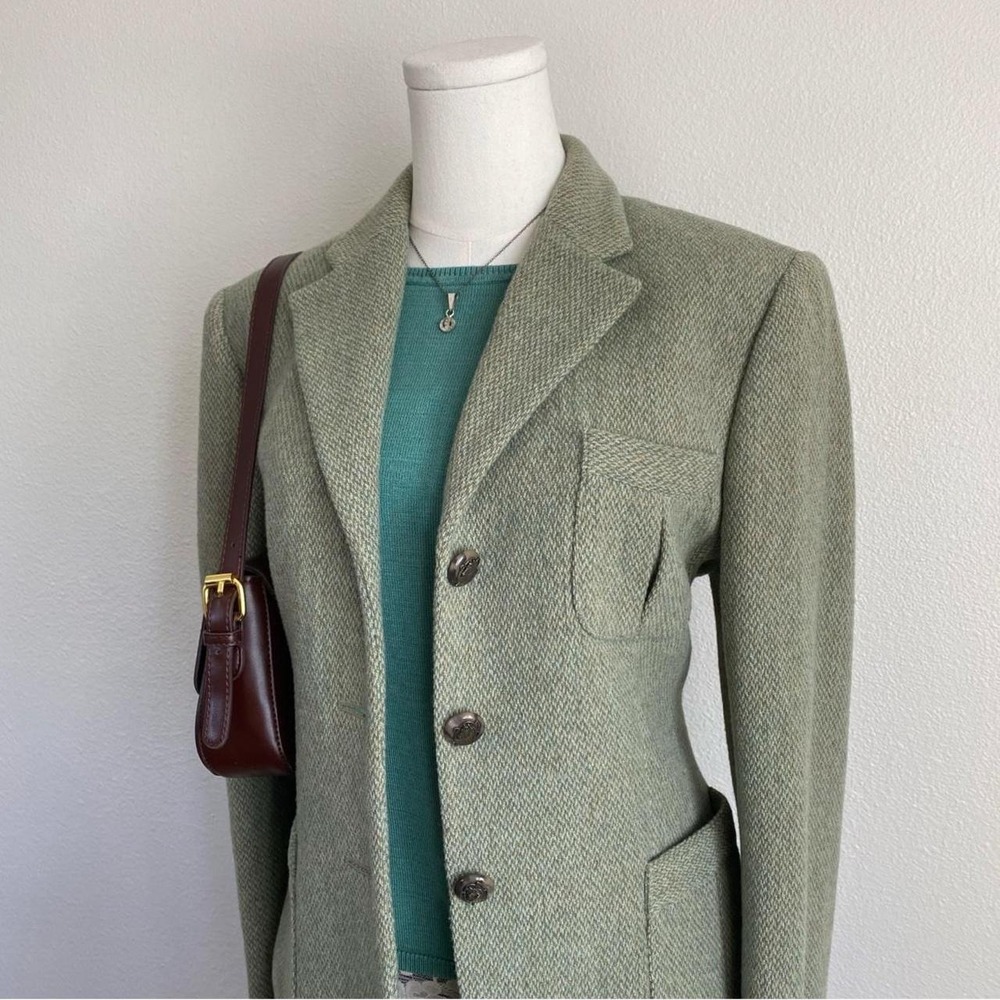 Vintage Lauren Ralph Lauren Green Herringbone Wool Tweed Equestrian Blazer - Picture 4 of 8